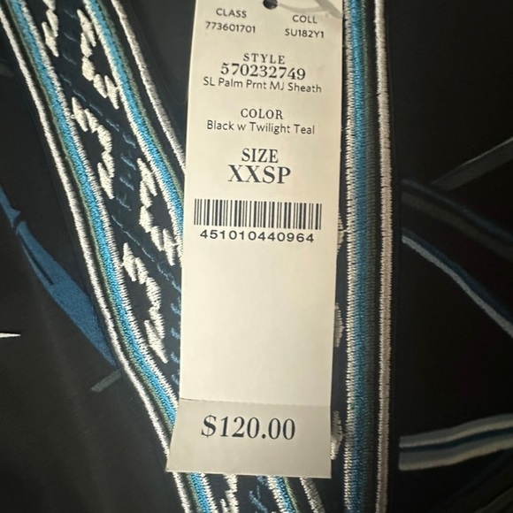 Black & Teal Palm Print Embroidered Sleeveless Sheath Dress ~ Sz XXS ~ NWT - Picture 11 of 13